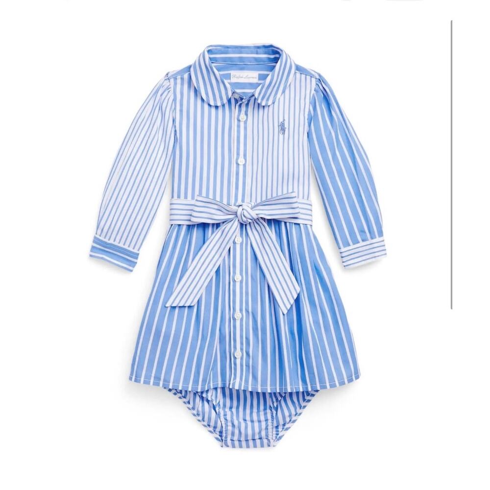 NWT Ralph Lauren Baby Girl Striped Poplin Shirtdress 2 Piece Set 12 Months Blue